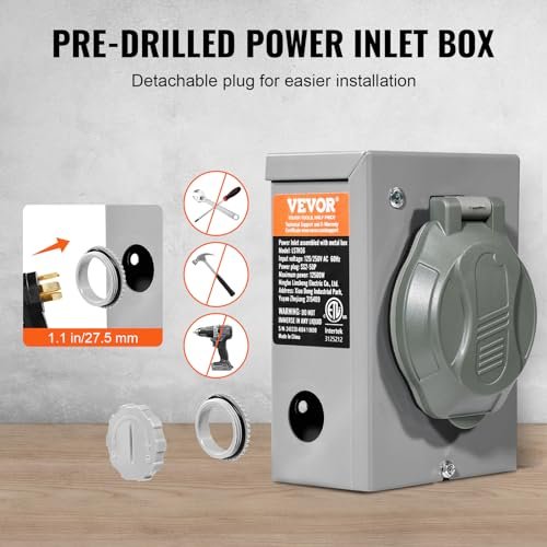 VEVOR 50 Amp Generator Cord and Power Inlet Box Kit, 15FT Generator Extension Cord NEMA 14-50P/SS2-50R STW 6/3+8/1 AWG with Twist Lock Connector, Pre-Drilled Inlet Box, ETL Listed