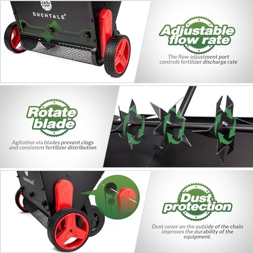 Suchtale Upgrade Lawn Drop Spreader, Topdresser, Compost Spreader, Mini Topper, Peat Moss Top Dresser, Push-Type Fertilizer with Rotate Blades, Adjustable-Rate Push Garden Seeder, Metal Mesh Basket