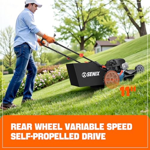 SENIX LSSG-H2 22-Inch Self Propelled Gas Lawn Mower with 163 cc 4-Cycle Engine, 3-in-1 Rear Wheel Drive Variable Speed Lawnmower, 6-Position Height Adjustment with 11-Inch Rear Wheels