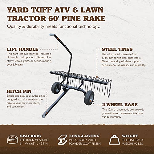 Yard Tuff Tow Behind Lawn Sweeper 60-inch Rake for ATV or Tractor with 12