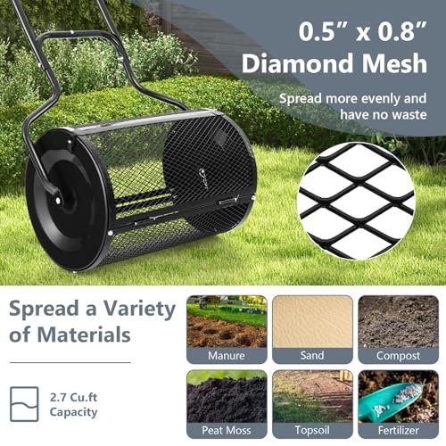 Goplus 24 inch Compost Spreader for Lawn, Lightweight Metal Mesh Lawn Roller Double Side Latches for Topdressing & Seedling, Fertilizer Topsoil Peat Moss Spreader Roller, Garden Yard Care (Black)