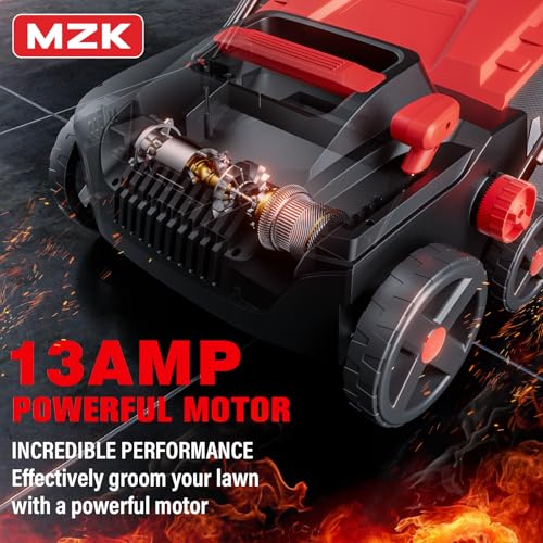 MZK 15-inch 13-Amp 2-in-1 Electric Dethatcher and Scarifier w/Removeable 5-Position Height Adjustment,Lawn dethatcher w/12-Gallon Thatch Collection Bag,Keep Lawn Health