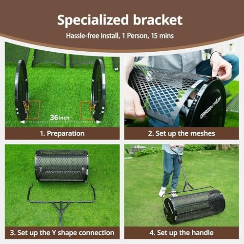 Garden Tailor Compost Spreader 44 Inch Towable Peat Moss Spreader with Installation Accessories, Metal Mesh Roller Lawn Spreader for Top Soil, Manure, Mulch, Top Dressing - Garden spreaders for lawns