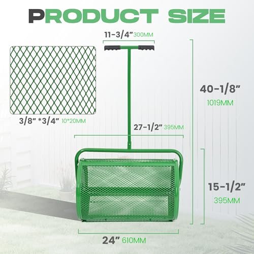 Gelacie 24 in Compost Spreader Peat Moss Spreader T-Shaped Handle for Planting, Seeding Lawn Garden Manure Spreader Roller Green Powder Coated Steel Mesh Basket