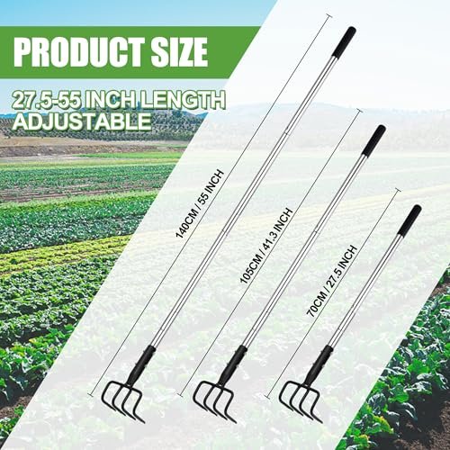 BARAYSTUS Long Hand Cultivator, Carbon Steel & Stainless Steel Tiller Cultivator, Garden Cultivator with Telescopic Handle and Soft Handle Cover, Hand Tiller for Digging Loosening Weeding