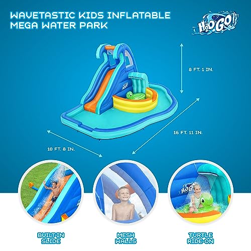 Bestway H2OGO! Wavetastic 16' Kids Inflatable Outdoor Water Park with Turtle Pool Ride-On Float, Water Sprinklers, Slide, and Wave Pool