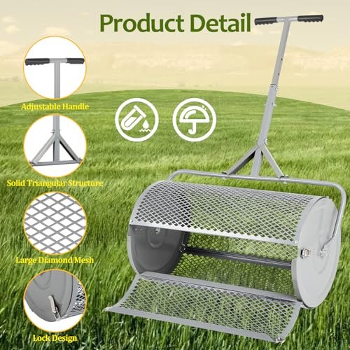 FAHKNS Compost Spreader for Lawn and Garden, 27 inch Metal Roller Spreader with Adjustable Handle, Heavy-Duty Fertilizer Spreader for Yard Work, Gray