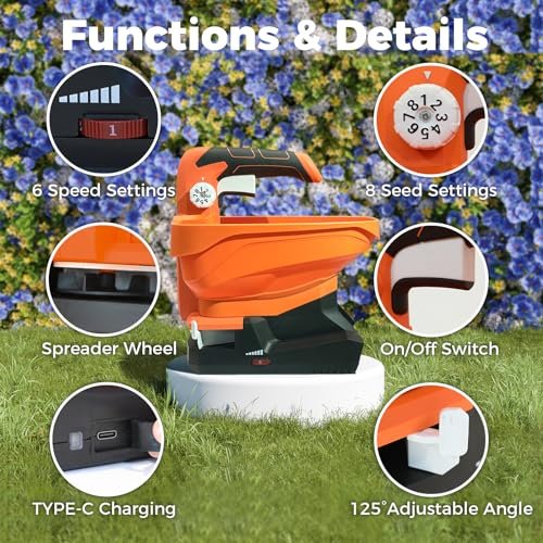 nichro Seed Spreader, USB Rechargeable Handheld Spreader for Year-Round, 8 Seed Settings & 6 Speed Levels, Battery Operated Spreader for Grass Seed, Fertilizer & Ice Melt (Battery Included)