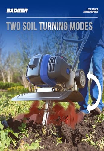 WILD BADGER POWER Garden Tiller 53cc Mini Cultivator 15 inch Powerful Liftable Booster Rod Tilling Tool for Lawn, Garden and Field Soil Cultivation