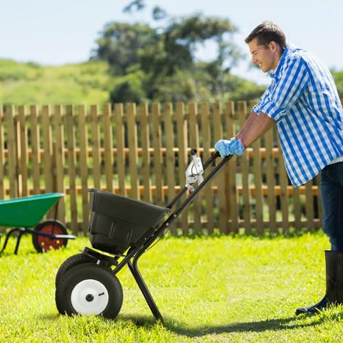 MoNiBloom 80 lb Walk-Behind Broadcast Spreader for Fertilizer, Grass Seed, Salt & Ice Melt, Heavy Duty Lawn, Garden & Farm Seeder with Rain Cover, Durable Design for Yards, Fields & Uneven Terrain