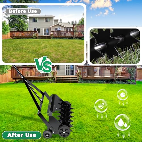 Loninak Updated 18-inch Rolling Lawn Aerator,Heavy Duty Aerator Lawn Soil Penetrator Spikes 47inch Handle,Garden Yard Manual Aerator Lawn Tool,Revives Lawn Health.Max Load 20lb