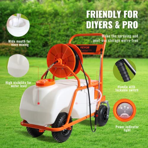 VEVOR Battery Powered 15 Gallon Garden Weed Sprayer with Wheeled Cart, 126FT Hose with Reel, 8 Nozzles, 2 Wands with Lock Trigger, 0-90PSI, 5-6h Spray Time, Wide Mouth Lid, Rotating Wheels with Brake