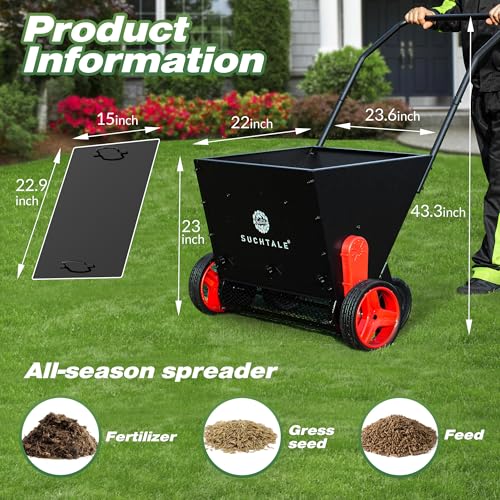 Suchtale Upgrade Lawn Drop Spreader, Topdresser, Compost Spreader, Mini Topper, Peat Moss Top Dresser, Push-Type Fertilizer with Rotate Blades, Adjustable-Rate Push Garden Seeder, Metal Mesh Basket