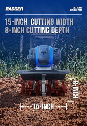 WILD BADGER POWER Garden Tiller 53cc Mini Cultivator 15 inch Powerful Liftable Booster Rod Tilling Tool for Lawn, Garden and Field Soil Cultivation