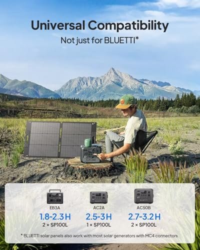 BLUETTI 100W Solar Panel for Solar Generator EB3A AC2A AC50B AC70 AC180 AC200L Elite 200 V2 AC300 B300K Handsfree 1 & 2, Foldable Solar Charger with Adjustable Kickstands for RV, Camping
