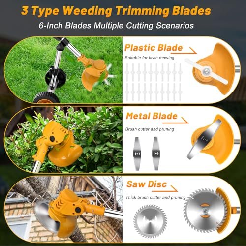 Electric Weed Wacker Cordless Weed Eater Battery Powered 21V, 4-in-1 Brush Cutter/String Trimmer/Grass Trimmer/Lawn Mower, 6 inch Lightweight Edger Stringless Weed Trimmer with Wheel & Blade,2 Battery