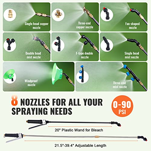VEVOR Battery Powered 15 Gallon Garden Weed Sprayer with Wheeled Cart, 126FT Hose with Reel, 8 Nozzles, 2 Wands with Lock Trigger, 0-90PSI, 5-6h Spray Time, Wide Mouth Lid, Rotating Wheels with Brake