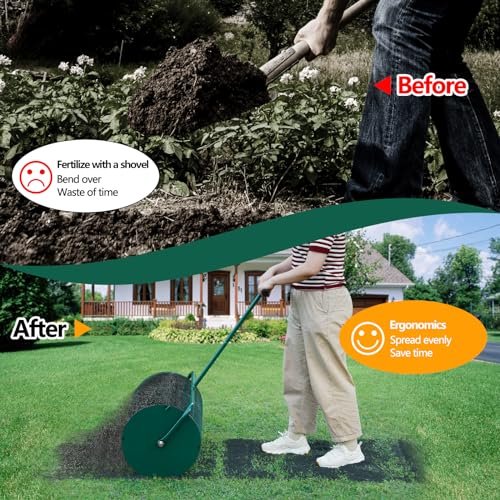 HIDALIFE Compost Spreader Roller, 24'' Peat Moss Spreader, Drop Fertilizer Grass Seed Spreader with Upgrade T Handle Strengthened Structure, Lightweight Metal Mesh Spreader Lawn & Garden Tool, Green