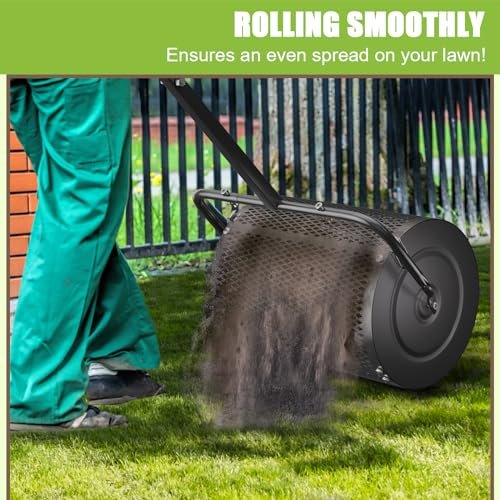 PoPoHoser Compost Spreader, Peat Moss Spreader with Adjustable U-Shaped Handle, 16 inch Heavy Duty Metal Fertilizer Spreader Roller for Lawn Top Soil, Top Dressing, Seedling, Mulch, Manure