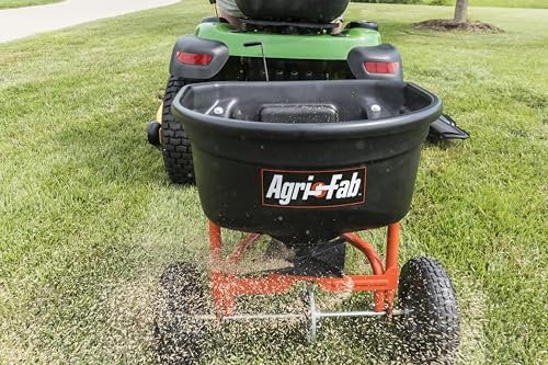 Agri-Fab 45-0527 110 lb. Tow- Behind Lawn & Garden Broadcast Spreader for Seed,Fertilizer,Salt,Ice Melt; Easy to use Flow Control from Seat of Riding Lawn Mower