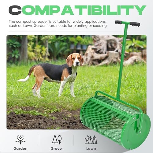 Gelacie 24 in Compost Spreader Peat Moss Spreader T-Shaped Handle for Planting, Seeding Lawn Garden Manure Spreader Roller Green Powder Coated Steel Mesh Basket