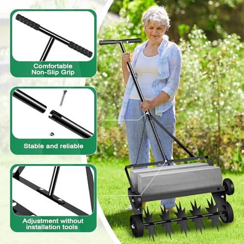 Loninak Updated 18-inch Rolling Lawn Aerator,Heavy Duty Aerator Lawn Soil Penetrator Spikes 47inch Handle,Garden Yard Manual Aerator Lawn Tool,Revives Lawn Health.Max Load 20lb