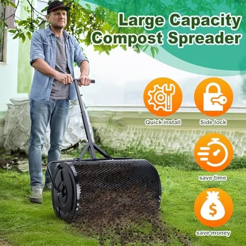 Raxjult Compost Spreader 24 Inch Roller Lawn Spreader with T Shaped Handle for Planting Seeding Durable Metal Mesh Spreader for Lawn and Garden Care Manure Spreaders Roller Patented