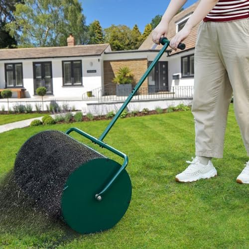 HIDALIFE Compost Spreader Roller, 24'' Peat Moss Spreader, Drop Fertilizer Grass Seed Spreader with Upgrade T Handle Strengthened Structure, Lightweight Metal Mesh Spreader Lawn & Garden Tool, Green
