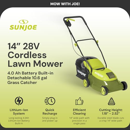 Sun Joe MJ401C-PRO 14-Inch 28-Volt Cordless Push Lawn Mower, w/Rear Discharge Chute, Pro Version
