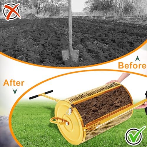 Hiboom 24 Inch Compost Spreader, Peat Moss Spreader, Manure Roller with Adjustable T Shaped Handle, ​Lightweight Metal Mesh for Lawn Garden Spreading Manure Topsoil (Gold)