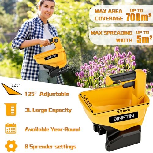 Dinftin Battery Operated Spreader Compatible for Dewalt 20V/60V Li-ion Battery, Seed Spreader Handheld Available Year-Round, Grass Seeds, Rock Salt and De-icer Out-Doors (Battery not Included)