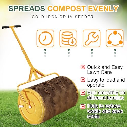 Hiboom 24 Inch Compost Spreader, Peat Moss Spreader, Manure Roller with Adjustable T Shaped Handle, ​Lightweight Metal Mesh for Lawn Garden Spreading Manure Topsoil (Gold)
