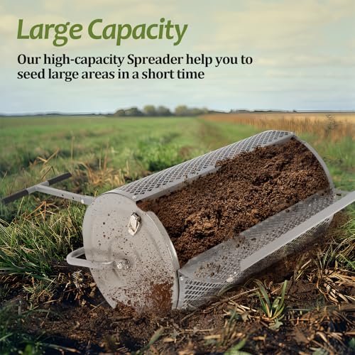 FAHKNS Compost Spreader for Lawn and Garden, 27 inch Metal Roller Spreader with Adjustable Handle, Heavy-Duty Fertilizer Spreader for Yard Work, Gray