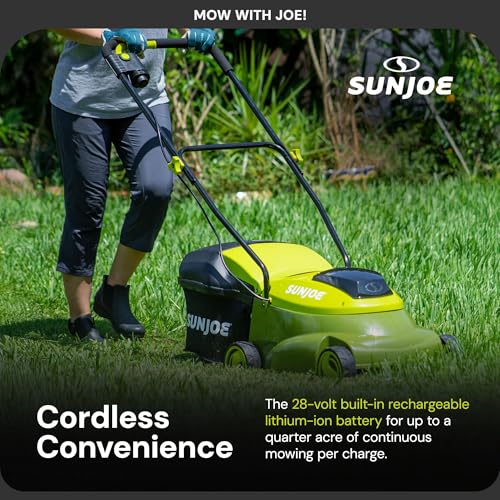 Sun Joe MJ401C-PRO 14-Inch 28-Volt Cordless Push Lawn Mower, w/Rear Discharge Chute, Pro Version