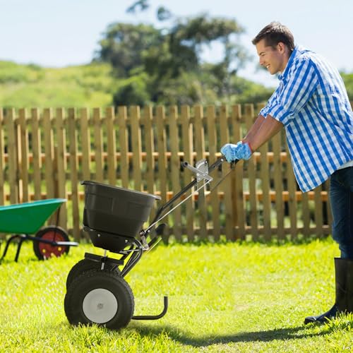 MoNiBloom 125 lb Walk-Behind Push Broadcast Spreader for Fertilizer, Grass Seed, Salt & Ice Melt, Heavy Duty Lawn, Garden & Farm Seeder with Rain Cover, Easy to Use for Yards, Fields & Uneven Terrain