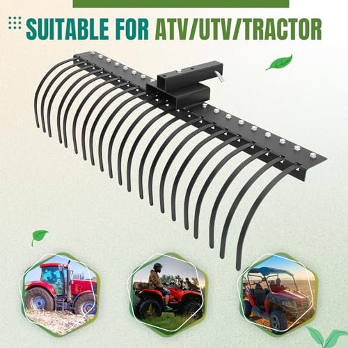 PULLAFUN 60 Inch Landscape Rock Rake,3 Point Attach Rake Fit for 2 Inch Receiver with 360 Degree Rotation,Tow-Behind Garden Tool for Compact Tractors, Category 1, Black