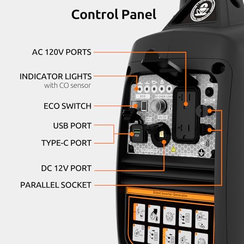 Portable Inverter Generator 2500W Gas Powered, Long Runtime Gas Generators for Home Use, Camping, Super Quiet Emergency Home Backup, with CO Sensor, EPA Compliant