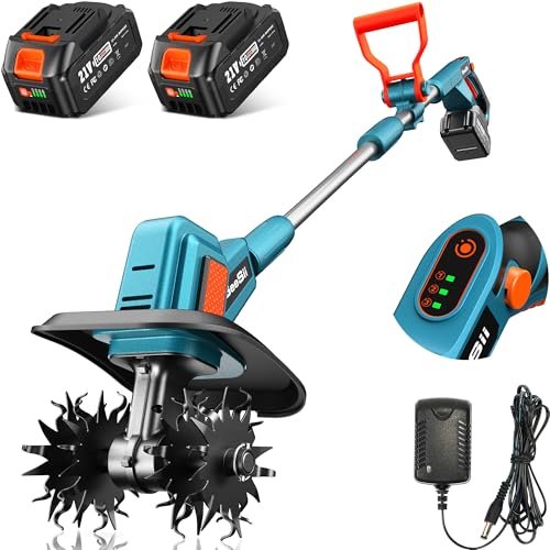 Seesii Electric Tiller for Gardening 300 RPM Rototiller Cordless Cultivator Total 8000mAh Battery Powered Garden Tiller 4 Pcs Blades for Smooth Tilling&Cleaning, Handheld Tiller for Raised Garden Beds