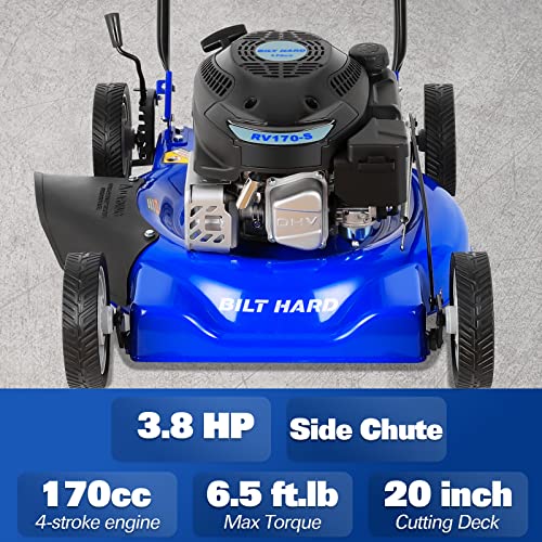 BILT HARD Gas Lawn Mower 20 inch, 170cc 4-Stroke Push Mowers, 8 Adjustable Cutting Heights Lawnmower Gas Powered, Grass Mower Garden Tool
