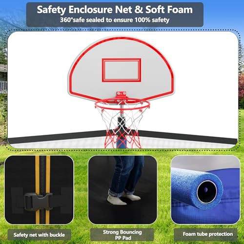 Lyromix Upgraded 12FT Trampoline for Kids and Adults, Large Outdoor Trampoline with Stakes, Light, Sprinkler, Basketball Hoop and Net, Capacity for 4-6 Kids and Adults