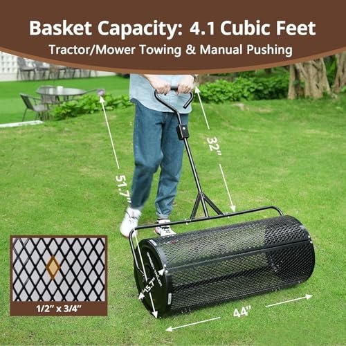 Garden Tailor Compost Spreader 44 Inch Towable Peat Moss Spreader with Installation Accessories, Metal Mesh Roller Lawn Spreader for Top Soil, Manure, Mulch, Top Dressing - Garden spreaders for lawns