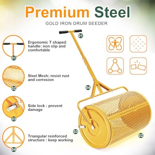 Hiboom 24 Inch Compost Spreader, Peat Moss Spreader, Manure Roller with Adjustable T Shaped Handle, ​Lightweight Metal Mesh for Lawn Garden Spreading Manure Topsoil (Gold)