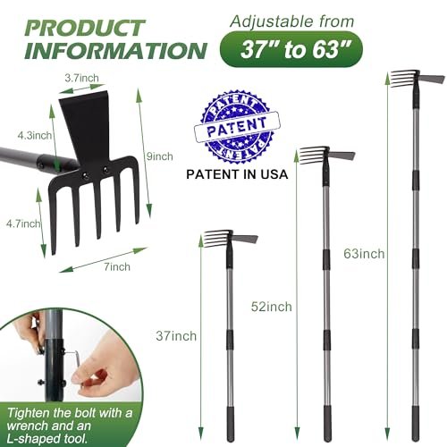 Walensee Hoe Garden Tool, 63 Inch Garden Hoe with Adjustable Long Handle for Weeding, 5-Tines Hoe Cultivator 2 in 1 Hand Garde Tools for Yard Lawn Planting Gardening Digging