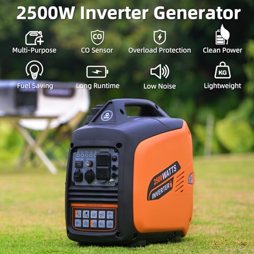 Portable Inverter Generator 2500W Gas Powered, Long Runtime Gas Generators for Home Use, Camping, Super Quiet Emergency Home Backup, with CO Sensor, EPA Compliant