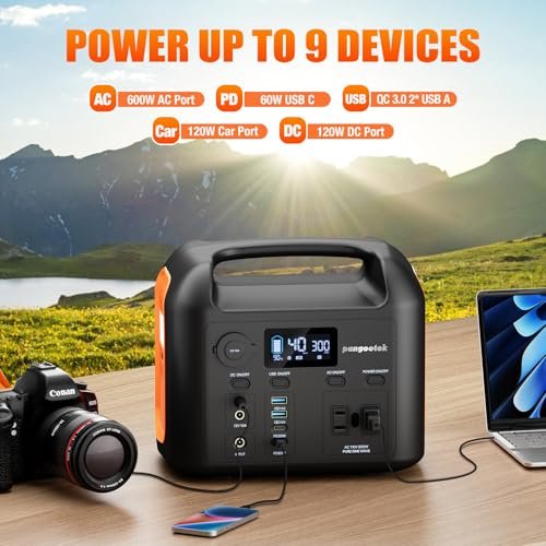 Portable Power Station, 600W (1200W Peak) 299Wh LiFePO4 Solar Generator Pure Sine Wave 110V AC Car Outlets PD 60W QC3.0 Backup Power Supply Bank for Camping, Blackout, CPAP