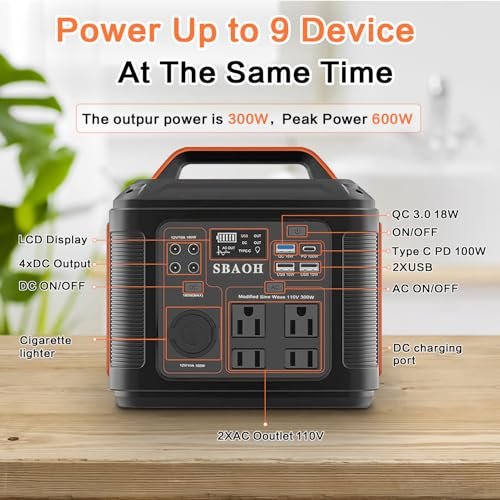 SBAOH Portable Power Station, 300W 296Wh Solar Generator Quick Charge / 110V AC Outlets/DC Ports and LED Flashlight, Lithium Battery Backup for Home Outdoor Travel Camping Blackout