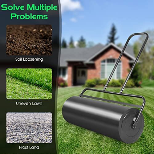 Furniga 17Gallons/63L Lawn Roller, Pull/Tow Behind Yard Roller w/Rounded Drum Ends & U Shaped Handle, Water/Sand Filled Sod Roller for Garden, Yard & Park, Black