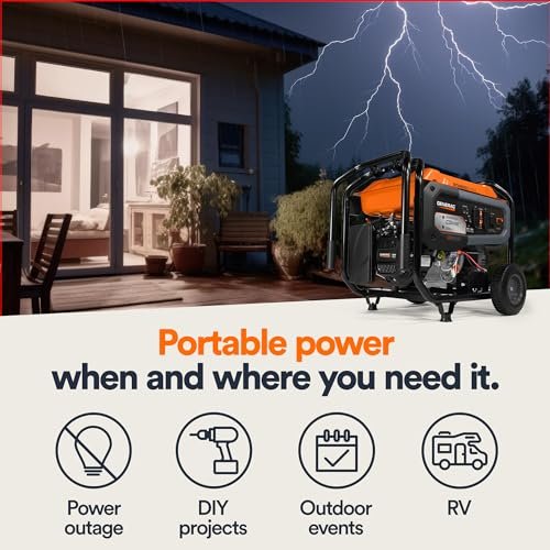 Generac 8,000-Watt Gas-Powered Portable Generator - Electric Start with COsense - PowerRush Advanced Technology - Reliable Power for Emergencies, Recreation, Home - 49 State Compliant - Orange/Black