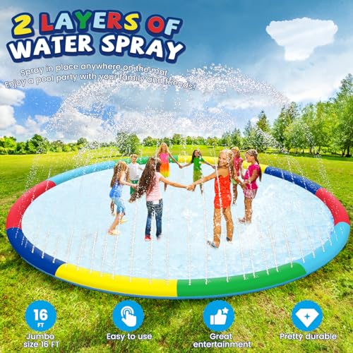 ODOSOLA 16ft Large Splash Pad for Kids Ages 4-8, Non-Slip Baby Splash Pads for Toddlers, Oversized Kids Sprinklers for Yard, Heavy Duty Kid Pools Water Toys for Outdoor Family, Friends Summer Fun