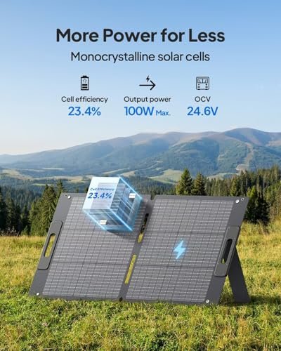 BLUETTI 100W Solar Panel for Solar Generator EB3A AC2A AC50B AC70 AC180 AC200L Elite 200 V2 AC300 B300K Handsfree 1 & 2, Foldable Solar Charger with Adjustable Kickstands for RV, Camping